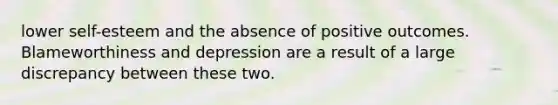 lower self-esteem and the absence of positive outcomes. Blameworthiness and depression are a result of a large discrepancy between these two.