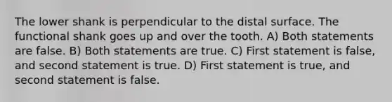 The lower shank is perpendicular to the distal surface. The functional shank goes up and over the tooth. A) Both statements are false. B) Both statements are true. C) First statement is false, and second statement is true. D) First statement is true, and second statement is false.