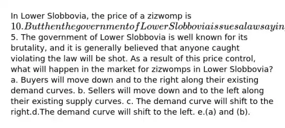 In Lower Slobbovia, the price of a zizwomp is 10. But then the government of Lower Slobbovia issues a law saying that it is illegal to buy or sell zizwomps for more than5. The government of Lower Slobbovia is well known for its brutality, and it is generally believed that anyone caught violating the law will be shot. As a result of this price control, what will happen in the market for zizwomps in Lower Slobbovia? a. Buyers will move down and to the right along their existing demand curves. b. Sellers will move down and to the left along their existing supply curves. c. The demand curve will shift to the right.d.The demand curve will shift to the left. e.(a) and (b).