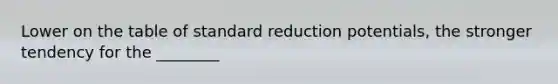 Lower on the table of standard reduction potentials, the stronger tendency for the ________