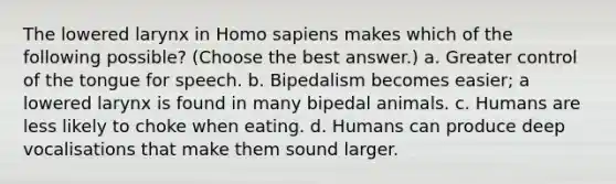 The lowered larynx in Homo sapiens makes which of the following possible? (Choose the best answer.) a. Greater control of the tongue for speech. b. Bipedalism becomes easier; a lowered larynx is found in many bipedal animals. c. Humans are less likely to choke when eating. d. Humans can produce deep vocalisations that make them sound larger.