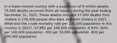 In a lower-income country with a population of 9 million people, 75,000 deaths occurred (from all causes) during the year ending December 31, 2021. These deaths included 27,000 deaths from cholera in 130,000 people who were sick with cholera in 2021. What was the crude mortality rate per 100,000 population in this country in 2021? -57,692 per 100,000 population -0.83% -83% per 100,000 population -300 per 10,000 population -833 per 100,000 population