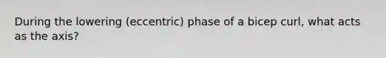 During the lowering (eccentric) phase of a bicep curl, what acts as the axis?