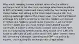 Why would lowering its own interest rates affect a nation's exchange rate? In the short run, exchange rates have to adhere to PPP; otherwise, traders will make profits by purchasing in the cheap market and selling in the more expensive market, thus aligning exchange rates at the proper level. International interest arbitrage (the ability to borrow in low-rate markets and deposit in higher-rate markets) would cause investors to sell domestic currency assets and purchase foreign assets based in other currencies. A nation's central bank controls both interest rates and exchange rates. Unfortunately, they do not have sufficient funds to take care of both at the same time. When interest rates fall, borrowing is cheaper, spending and GDP rise and so do exports, thus causing the exchange rate to appreciate.