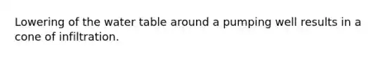 Lowering of <a href='https://www.questionai.com/knowledge/kra6qgcwqy-the-water-table' class='anchor-knowledge'>the water table</a> around a pumping well results in a cone of infiltration.