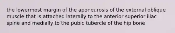 the lowermost margin of the aponeurosis of the external oblique muscle that is attached laterally to the anterior superior iliac spine and medially to the pubic tubercle of the hip bone