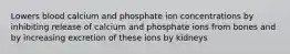 Lowers blood calcium and phosphate ion concentrations by inhibiting release of calcium and phosphate ions from bones and by increasing excretion of these ions by kidneys