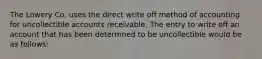 The Lowery Co. uses the direct write off method of accounting for uncollectible accounts receivable. The entry to write off an account that has been determned to be uncollectible would be as follows: