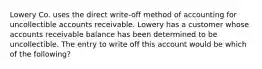 Lowery Co. uses the direct write-off method of accounting for uncollectible accounts receivable. Lowery has a customer whose accounts receivable balance has been determined to be uncollectible. The entry to write off this account would be which of the following?