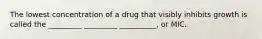 The lowest concentration of a drug that visibly inhibits growth is called the _________ _________ __________, or MIC.