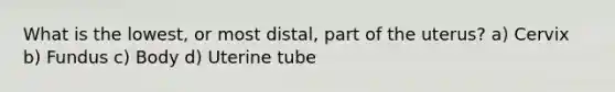 What is the lowest, or most distal, part of the uterus? a) Cervix b) Fundus c) Body d) Uterine tube