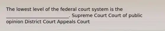 The lowest level of the federal court system is the ___________________________. Supreme Court Court of public opinion District Court Appeals Court