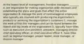 At the lowest level of​ management, frontline managers​ ________ A. are responsible for making​ organization-wide decisions and establishing the plans and goals that affect the entire organization B. manage the work of nonmanagerial employees who typically are involved with producing the​ organization's products or servicing the​ organization's customers C. manage the work of​ first-line managers and can be found between the lowest and top levels of the organization D. typically have titles such as executive vice president​, president​, managing director​, chief operating​ officer, or chief executive officer E. have titles such as regional manager​, project leader​, store manager​, or division manager