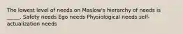 The lowest level of needs on Maslow's hierarchy of needs is _____. Safety needs Ego needs Physiological needs self-actualization needs