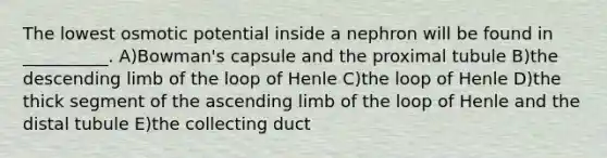 The lowest osmotic potential inside a nephron will be found in __________. A)Bowman's capsule and the proximal tubule B)the descending limb of the loop of Henle C)the loop of Henle D)the thick segment of the ascending limb of the loop of Henle and the distal tubule E)the collecting duct