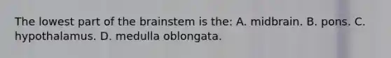 The lowest part of the brainstem is​ the: A. midbrain. B. pons. C. hypothalamus. D. medulla oblongata.