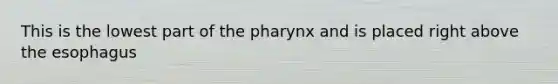 This is the lowest part of <a href='https://www.questionai.com/knowledge/ktW97n6hGJ-the-pharynx' class='anchor-knowledge'>the pharynx</a> and is placed right above <a href='https://www.questionai.com/knowledge/kSjVhaa9qF-the-esophagus' class='anchor-knowledge'>the esophagus</a>