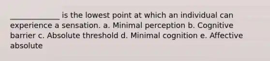 _____________ is the lowest point at which an individual can experience a sensation. a. Minimal perception b. Cognitive barrier c. Absolute threshold d. Minimal cognition e. Affective absolute