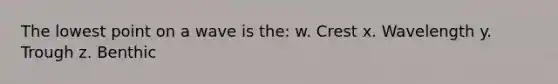 The lowest point on a wave is the: w. Crest x. Wavelength y. Trough z. Benthic