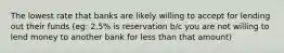 The lowest rate that banks are likely willing to accept for lending out their funds (eg: 2.5% is reservation b/c you are not willing to lend money to another bank for less than that amount)