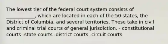 The lowest tier of the federal court system consists of ____________, which are located in each of the 50 states, the District of Columbia, and several territories. These take in civil and criminal trial courts of general jurisdiction. - constitutional courts -state courts -district courts -circuit courts