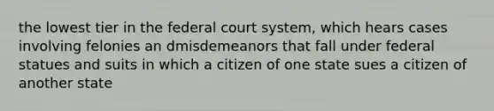 the lowest tier in the federal court system, which hears cases involving felonies an dmisdemeanors that fall under federal statues and suits in which a citizen of one state sues a citizen of another state