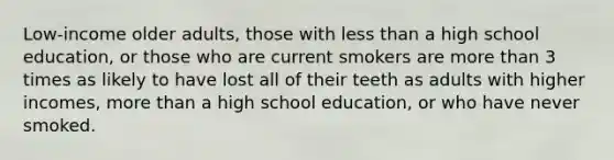 Low-income older adults, those with less than a high school education, or those who are current smokers are more than 3 times as likely to have lost all of their teeth as adults with higher incomes, more than a high school education, or who have never smoked.