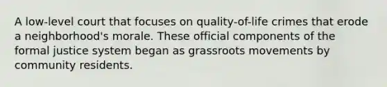 A low-level court that focuses on quality-of-life crimes that erode a neighborhood's morale. These official components of the formal justice system began as grassroots movements by community residents.