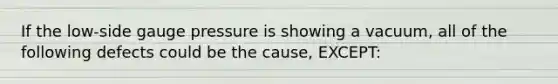 If the low-side gauge pressure is showing a vacuum, all of the following defects could be the cause, EXCEPT: