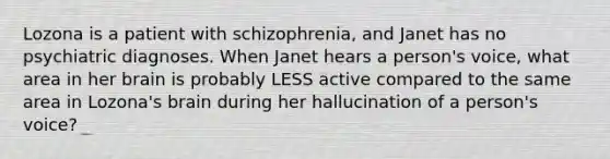 Lozona is a patient with schizophrenia, and Janet has no psychiatric diagnoses. When Janet hears a person's voice, what area in her brain is probably LESS active compared to the same area in Lozona's brain during her hallucination of a person's voice?