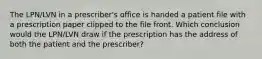 The LPN/LVN in a prescriber's office is handed a patient file with a prescription paper clipped to the file front. Which conclusion would the LPN/LVN draw if the prescription has the address of both the patient and the prescriber?