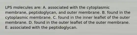 LPS molecules are: A. associated with the cytoplasmic membrane, peptidoglycan, and outer membrane. B. found in the cytoplasmic membrane. C. found in the inner leaflet of the outer membrane. D. found in the outer leaflet of the outer membrane. E. associated with the peptidoglycan.