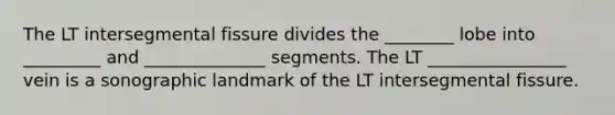 The LT intersegmental fissure divides the ________ lobe into _________ and ______________ segments. The LT ________________ vein is a sonographic landmark of the LT intersegmental fissure.