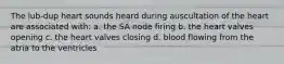 The lub-dup heart sounds heard during auscultation of the heart are associated with: a. the SA node firing b. the heart valves opening c. the heart valves closing d. blood flowing from the atria to the ventricles
