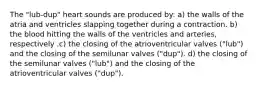 The "lub-dup" heart sounds are produced by: a) the walls of the atria and ventricles slapping together during a contraction. b) the blood hitting the walls of the ventricles and arteries, respectively .c) the closing of the atrioventricular valves ("lub") and the closing of the semilunar valves ("dup"). d) the closing of the semilunar valves ("lub") and the closing of the atrioventricular valves ("dup").