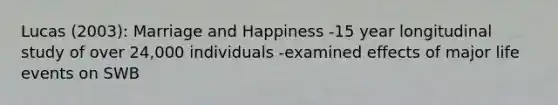 Lucas (2003): Marriage and Happiness -15 year longitudinal study of over 24,000 individuals -examined effects of major life events on SWB