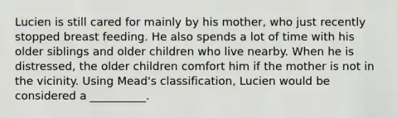 Lucien is still cared for mainly by his mother, who just recently stopped breast feeding. He also spends a lot of time with his older siblings and older children who live nearby. When he is distressed, the older children comfort him if the mother is not in the vicinity. Using Mead's classification, Lucien would be considered a __________.