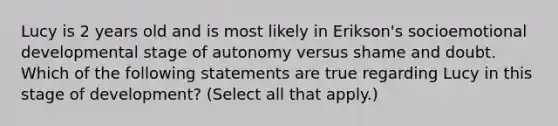 Lucy is 2 years old and is most likely in Erikson's socioemotional developmental stage of autonomy versus shame and doubt. Which of the following statements are true regarding Lucy in this stage of development? (Select all that apply.)