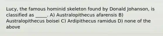 Lucy, the famous hominid skeleton found by Donald Johanson, is classified as _____. A) Australopithecus afarensis B) Australopithecus boisei C) Ardipithecus ramidus D) none of the above