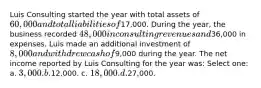 Luis Consulting started the year with total assets of 60,000 and total liabilities of17,000. During the year, the business recorded 48,000 in consulting revenues and36,000 in expenses. Luis made an additional investment of 8,000 and withdrew cash of9,000 during the year. The net income reported by Luis Consulting for the year was: Select one: a. 3,000. b.12,000. c. 18,000. d.27,000.