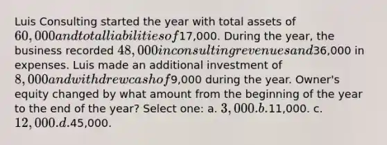 Luis Consulting started the year with total assets of 60,000 and total liabilities of17,000. During the year, the business recorded 48,000 in consulting revenues and36,000 in expenses. Luis made an additional investment of 8,000 and withdrew cash of9,000 during the year. Owner's equity changed by what amount from the beginning of the year to the end of the year? Select one: a. 3,000. b.11,000. c. 12,000. d.45,000.