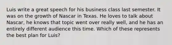 Luis write a great speech for his business class last semester. It was on the growth of Nascar in Texas. He loves to talk about Nascar, he knows that topic went over really well, and he has an entirely different audience this time. Which of these represents the best plan for Luis?