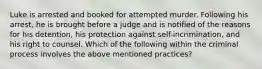 Luke is arrested and booked for attempted murder. Following his arrest, he is brought before a judge and is notified of the reasons for his detention, his protection against self-incrimination, and his right to counsel. Which of the following within the criminal process involves the above mentioned practices?