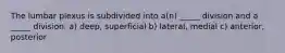 The lumbar plexus is subdivided into a(n) _____ division and a _____ division. a) deep, superficial b) lateral, medial c) anterior, posterior