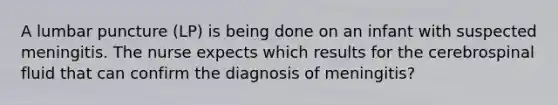 A lumbar puncture (LP) is being done on an infant with suspected meningitis. The nurse expects which results for the cerebrospinal fluid that can confirm the diagnosis of meningitis?