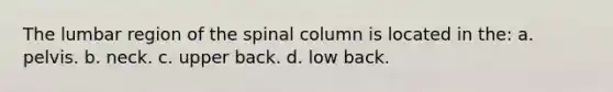 The lumbar region of the spinal column is located in the: a. pelvis. b. neck. c. upper back. d. low back.