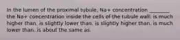 In the lumen of the proximal tubule, Na+ concentration ________ the Na+ concentration inside the cells of the tubule wall: is much higher than. is slightly lower than. is slightly higher than. is much lower than. is about the same as.