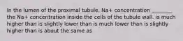 In the lumen of the proximal tubule, Na+ concentration ________ the Na+ concentration inside the cells of the tubule wall. is much higher than is slightly lower than is much lower than is slightly higher than is about the same as