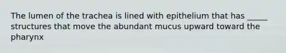 The lumen of the trachea is lined with epithelium that has _____ structures that move the abundant mucus upward toward the pharynx