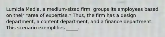 Lumicia Media, a medium-sized firm, groups its employees based on their *area of expertise.* Thus, the firm has a design department, a content department, and a finance department. This scenario exemplifies _____.